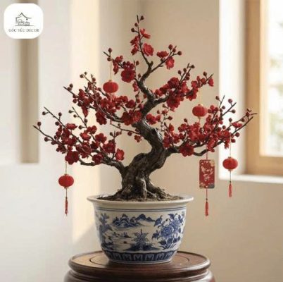 Cây mai đỏ bonsai dáng cổ thụ trồng trong chậu sứ xanh trắng, treo lồng đèn đỏ trang trí Tết