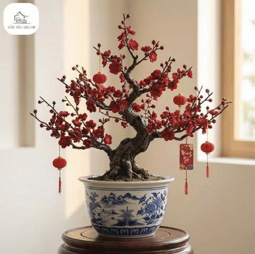 Cây mai đỏ bonsai dáng cổ thụ trồng trong chậu sứ xanh trắng, treo lồng đèn đỏ trang trí Tết